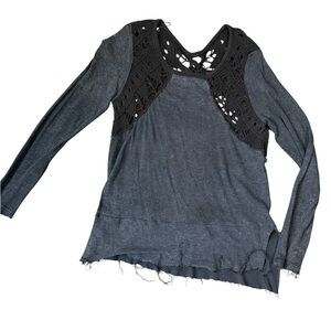 Free People  Gray and Black Crochet Detail Top with lace up back